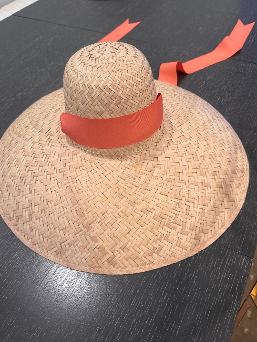 Never worn oversized sun hat w coral ribbon